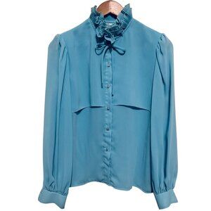 VTG Jo Hardin  Top Straight-Ruffled Collar Button-Up Blue Steampunk Made‎ in USA
